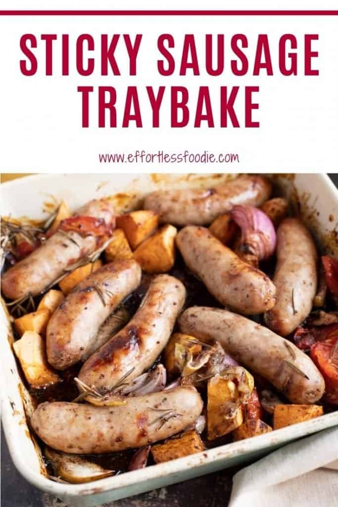Sticky Sausage Traybake Pinterest Pin with text overlay.