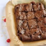 Raspberry Brownies cut into squares.