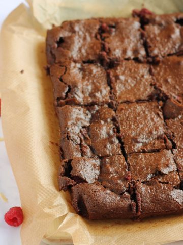 Raspberry Brownies cut into squares.