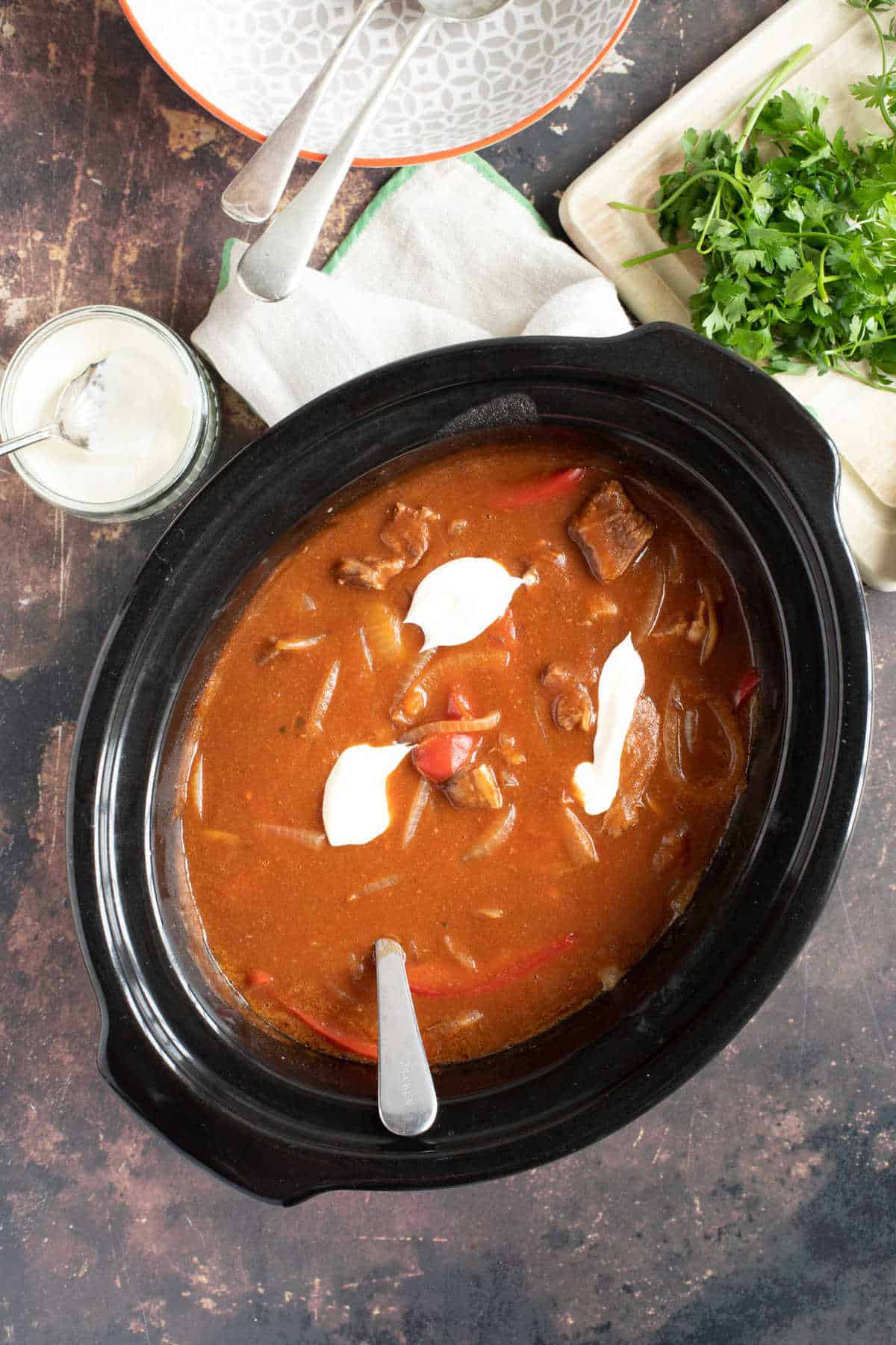 Beef goulash in a slow cooker.
