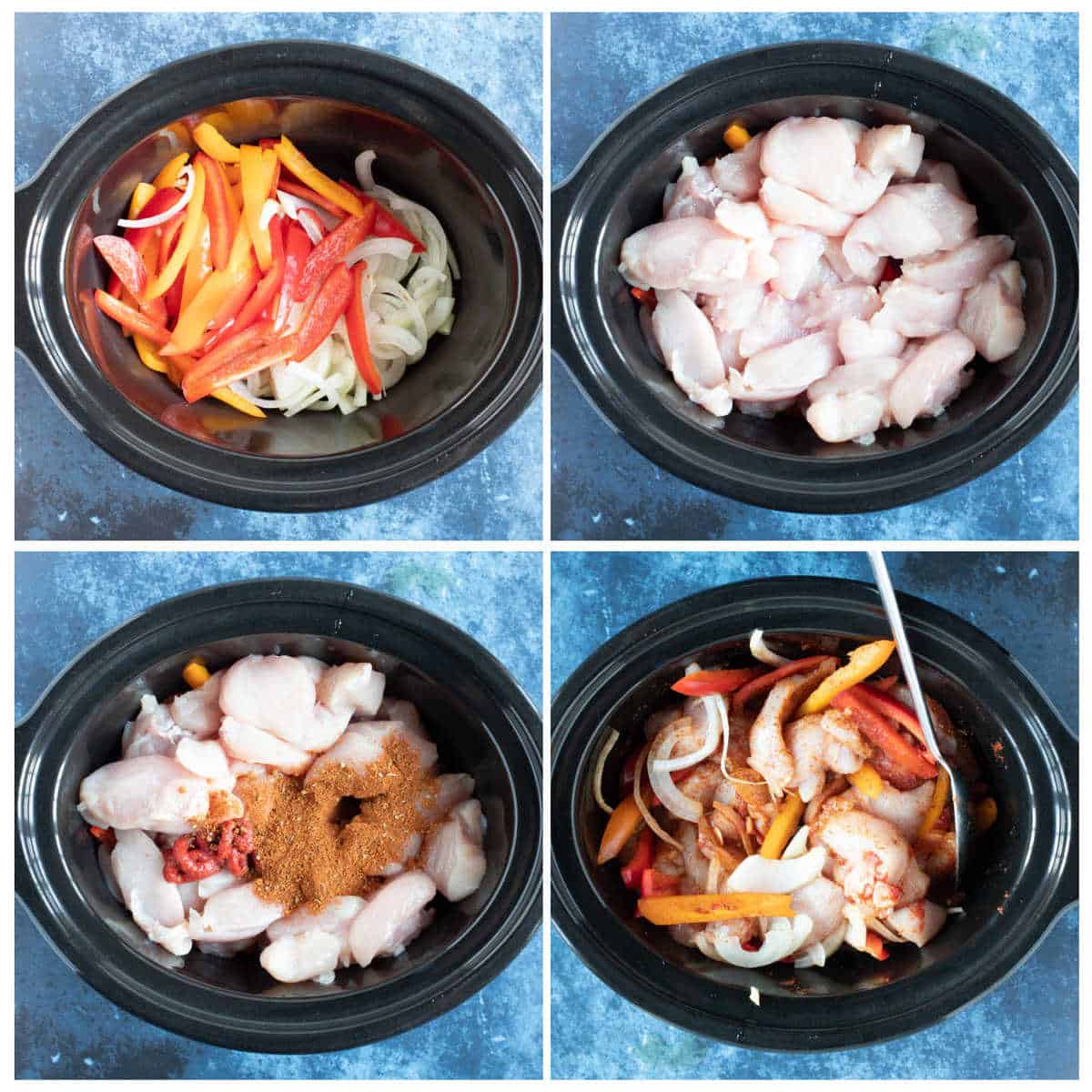 Step by step photo instructions for making slow cooker chicken fajitas