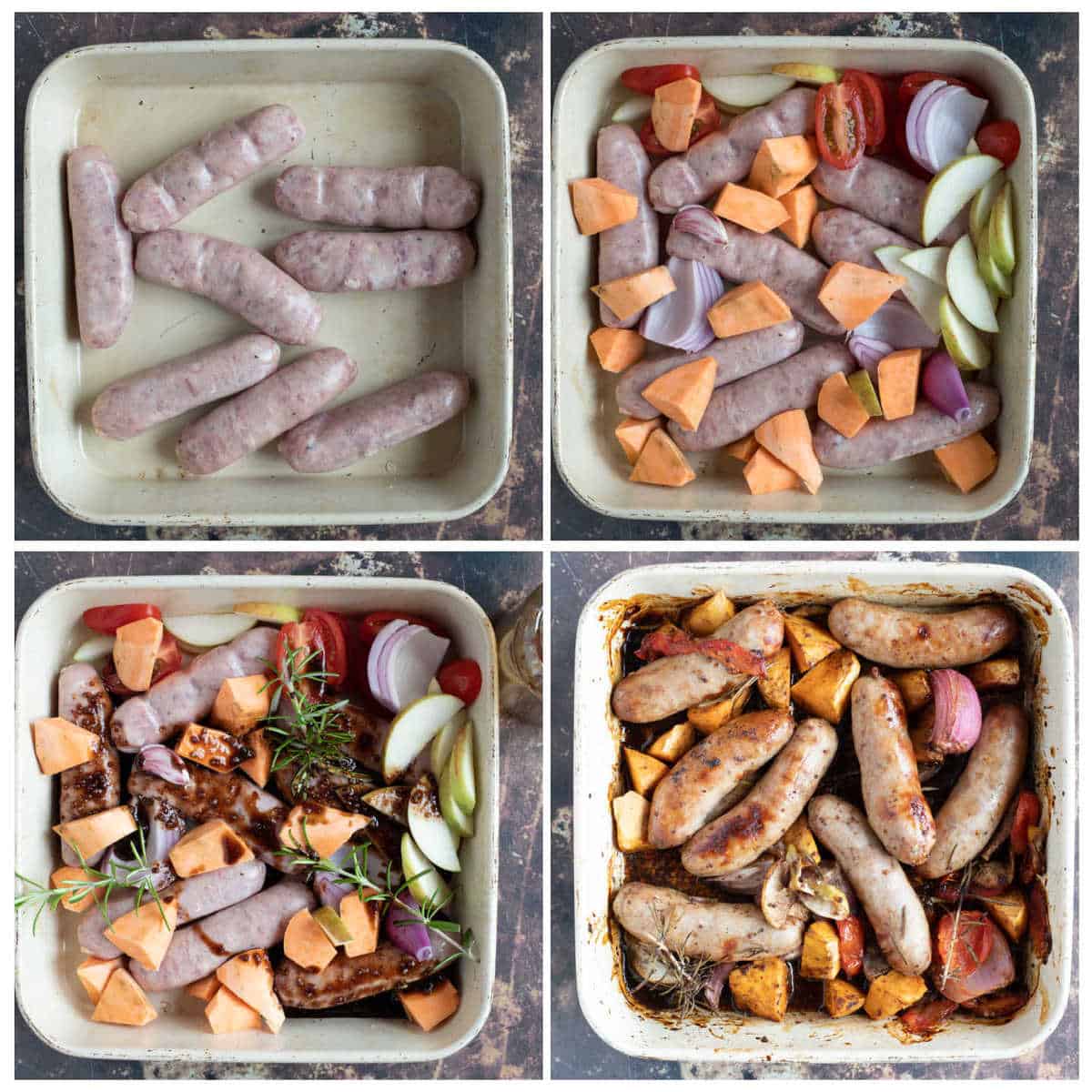 Step by step photo instructions for making the sticky sausage and sweet potato traybake.