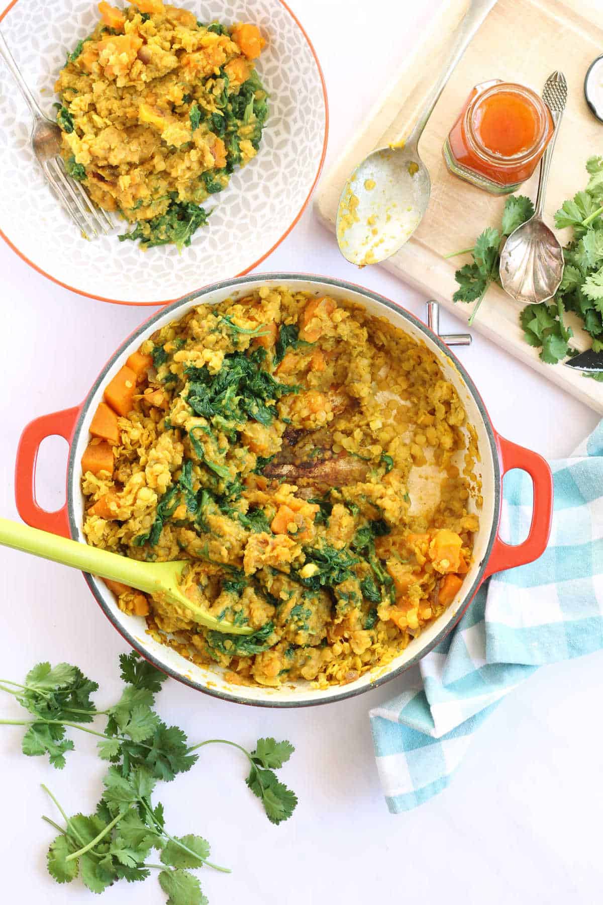 A pan of sweet potato and lentil curry.