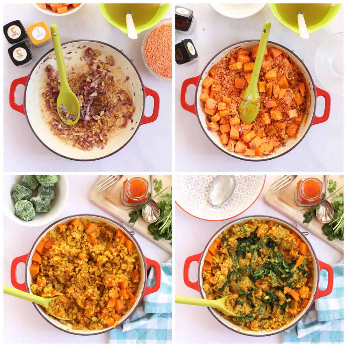 Step by step photo instructions for making the sweet potato and red lentil curry.