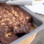 peanut butter swirl brownies in a tin.