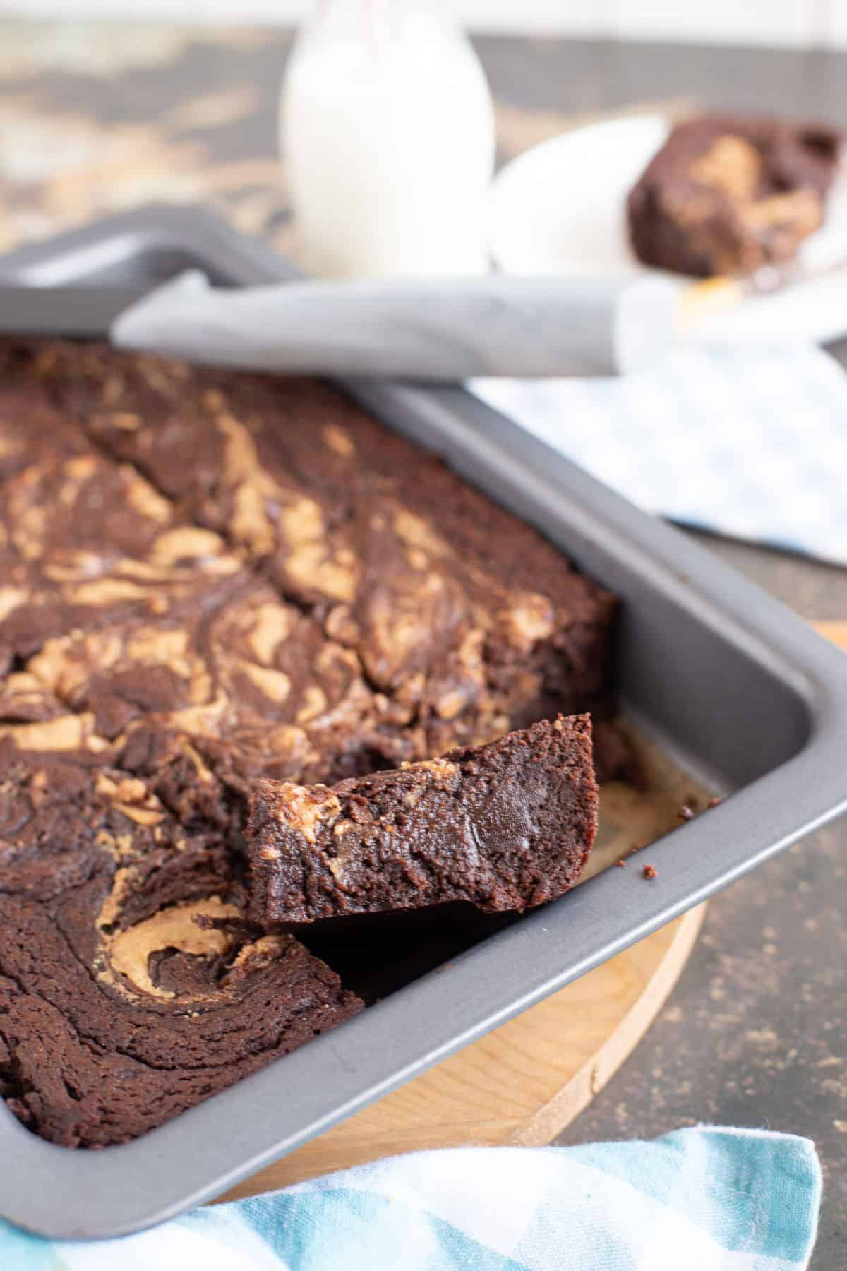 Squares of peanut butter brownies.