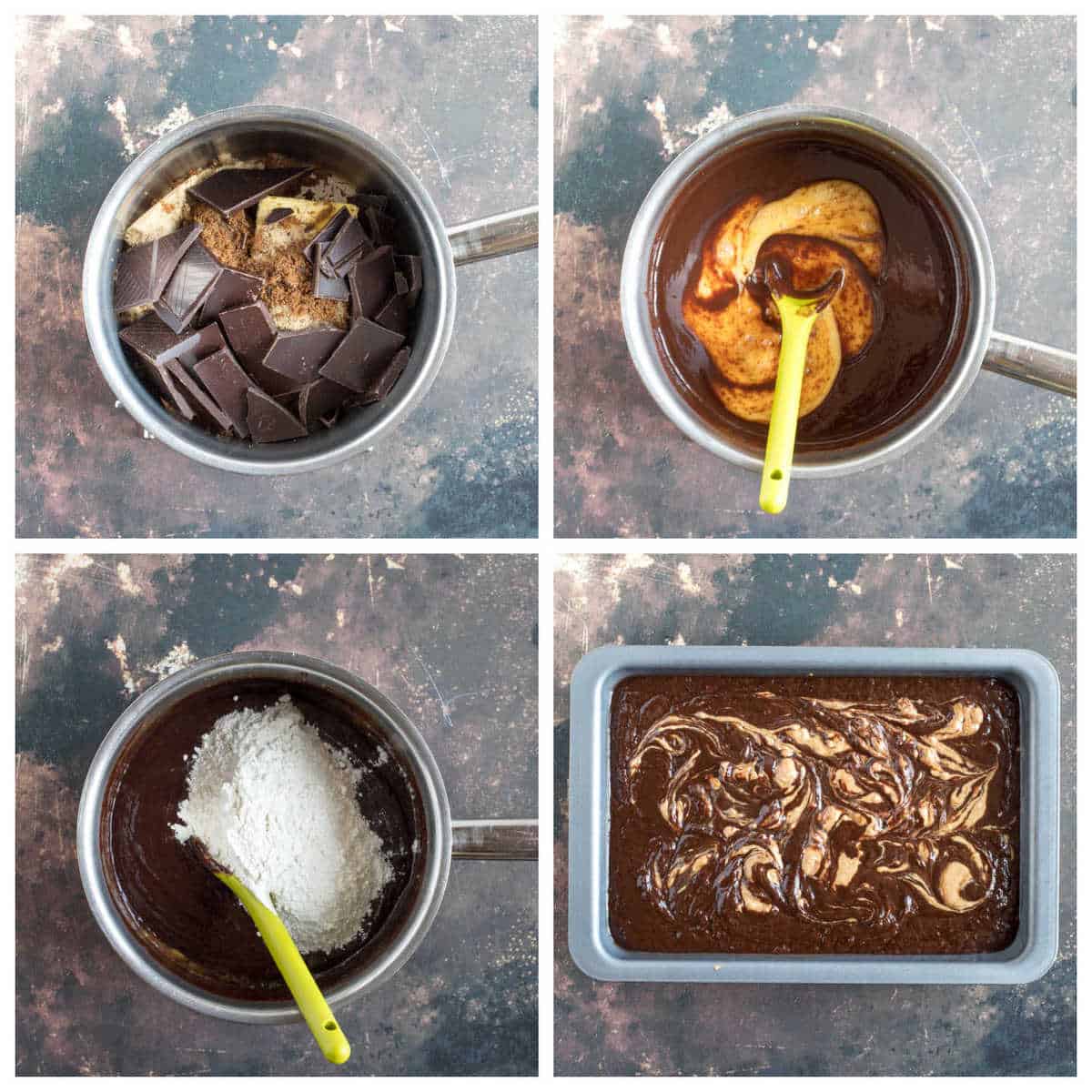 Step by step photo instructions for making the peanut butter swirl brownies.