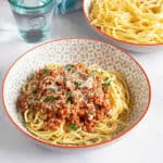 A bowl of turkey mince spaghetti bolognese.