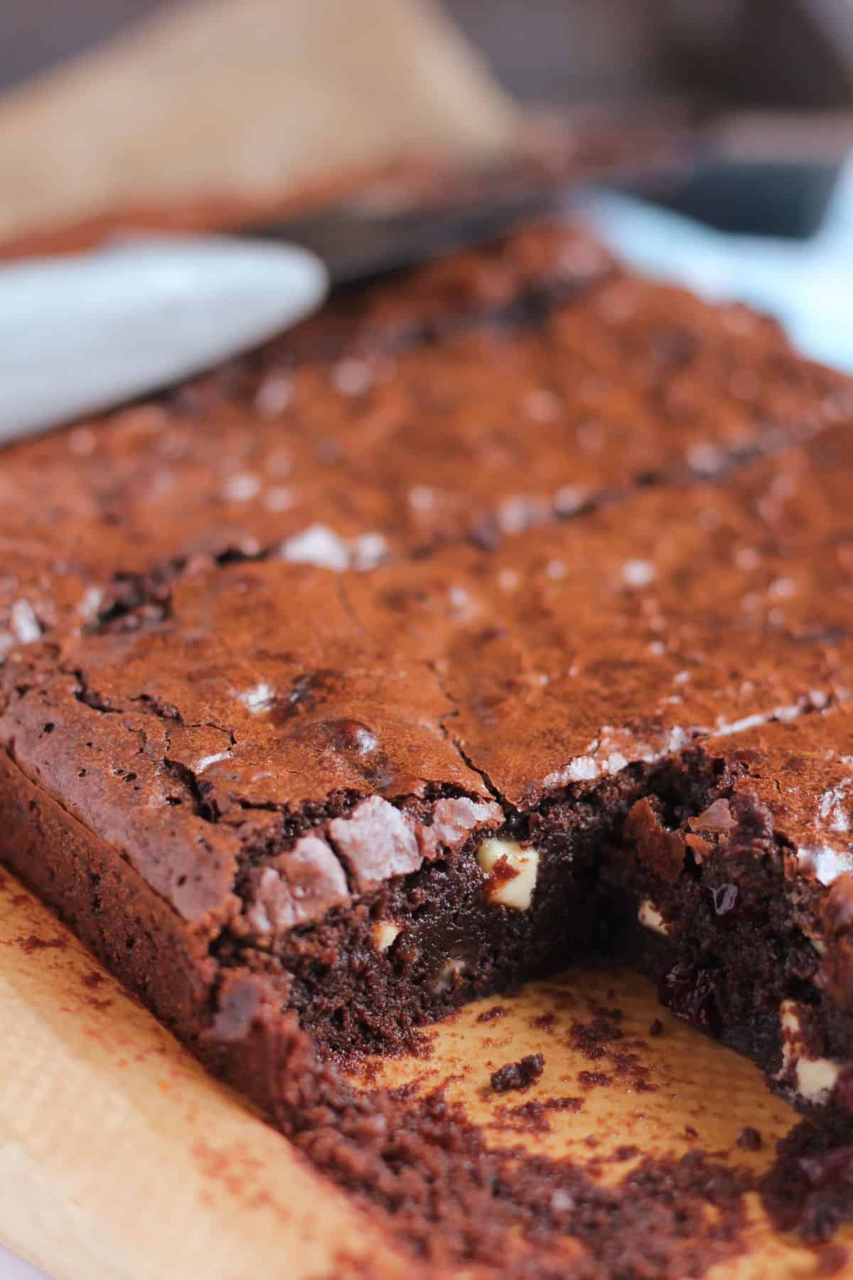 Close up of fudgy white chocolate and cranberry brownies.