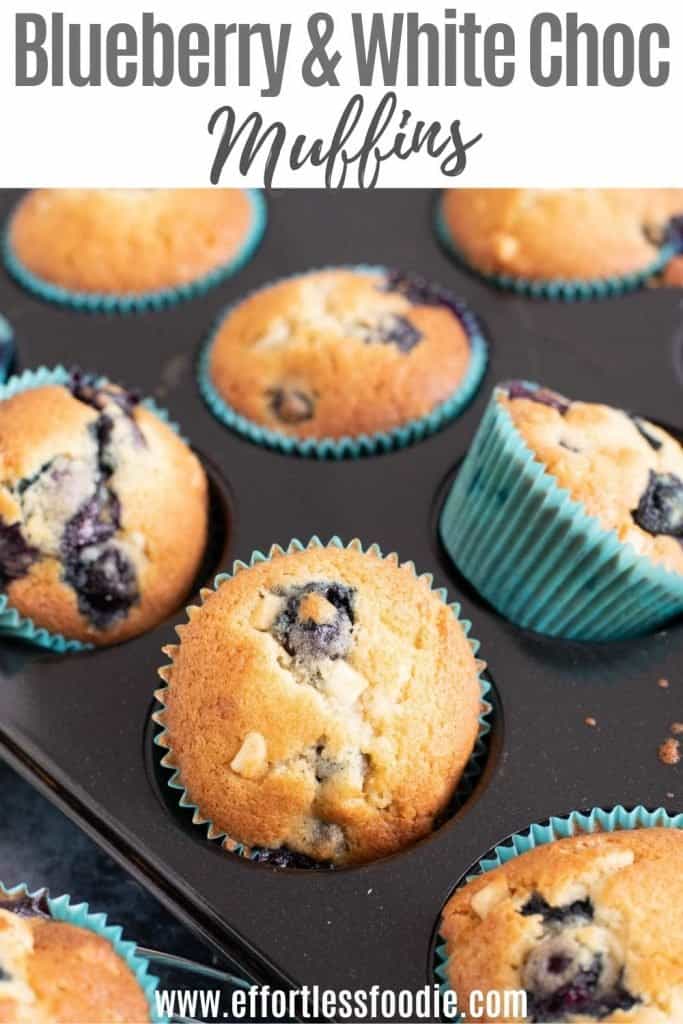 Blueberry and white chocolate muffin pin image with text overlay.