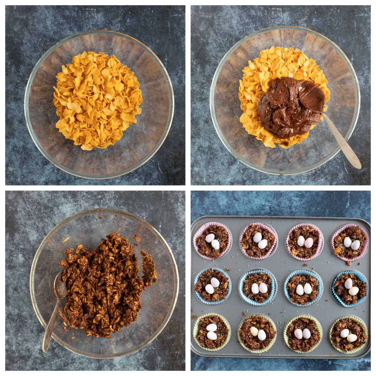 Step by step photo instructions for making the cornflake cakes.