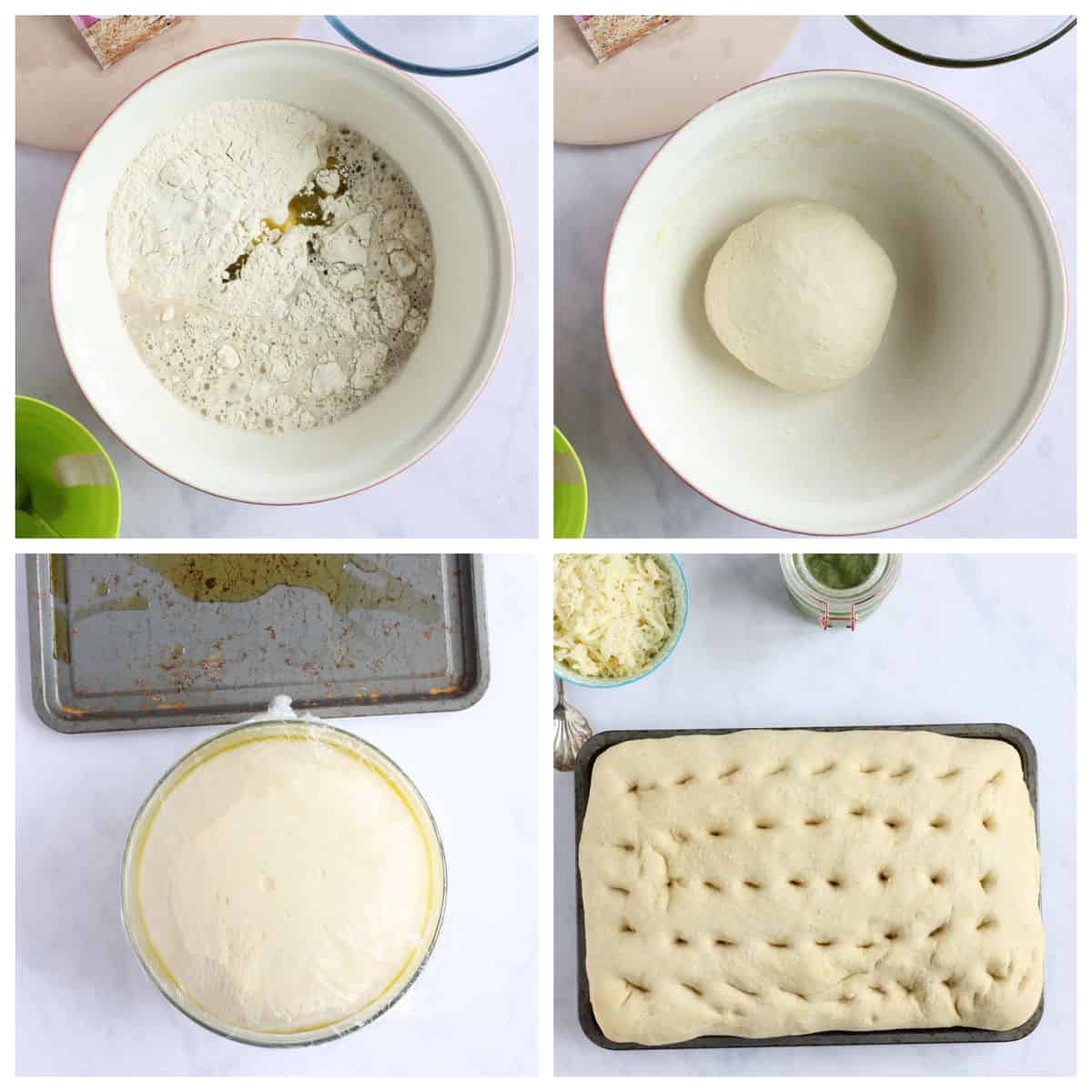 Step by step photo instructions for making focaccia.