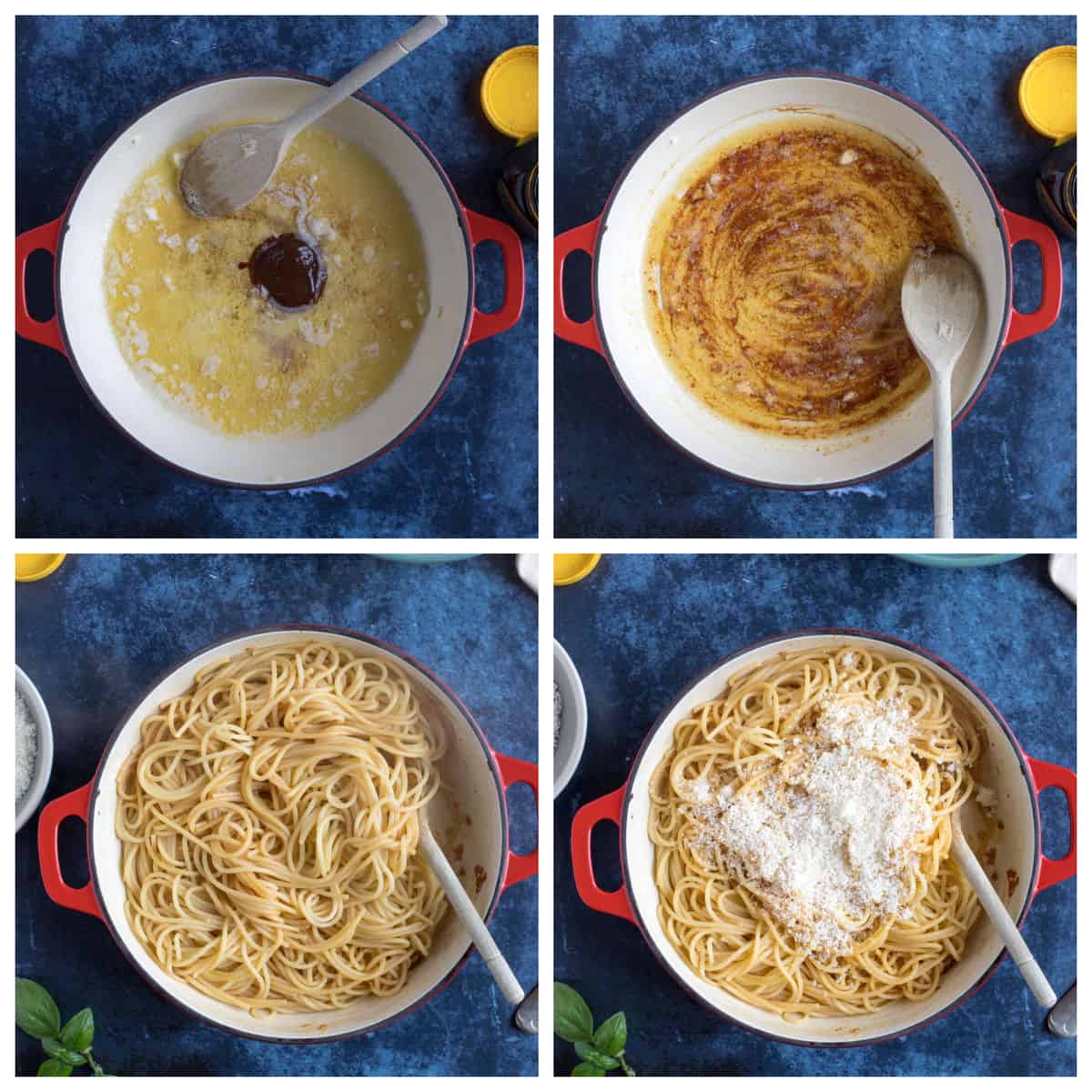 Step by step photo instructions for making marmite pasta.