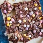 Chocolate mini egg tiffin cut into squares.