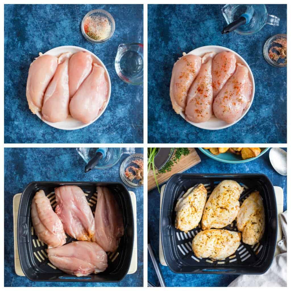 Step by step cooking chicken breasts in air fryer collage.