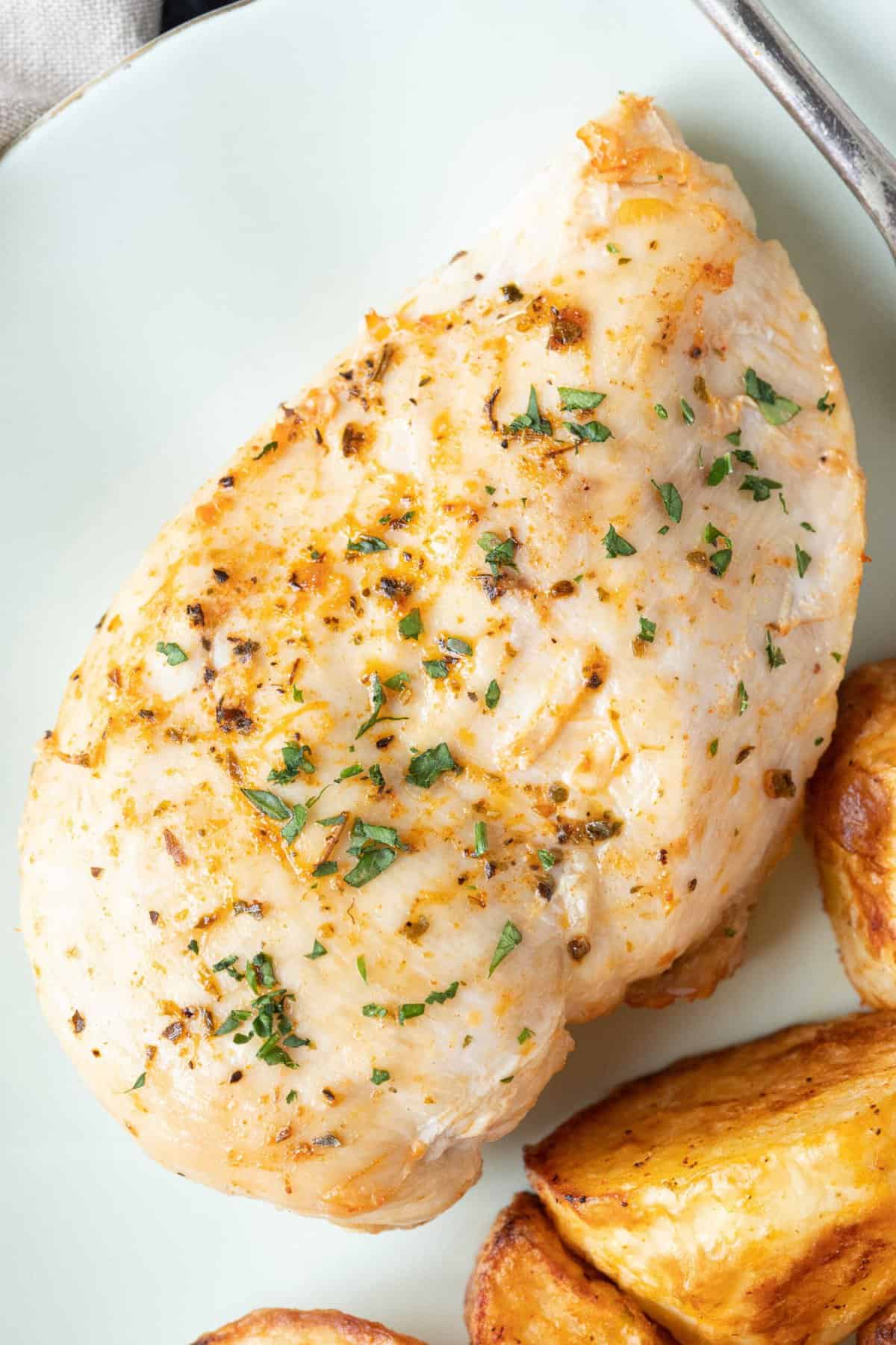 An air fryer chicken breast close up.