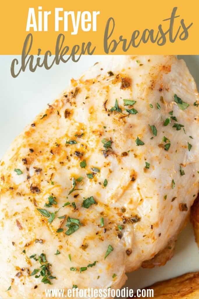 Air fryer chicken breasts pin image.