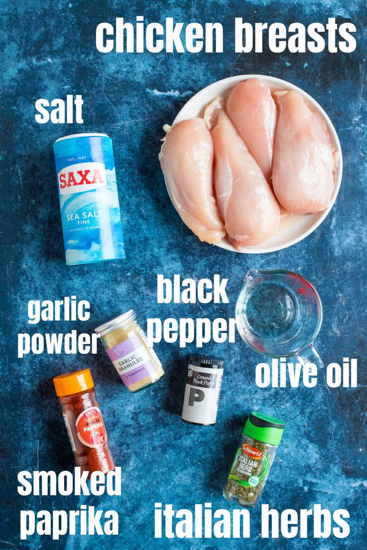 Ingredients needed to make air fryer chicken breasts.