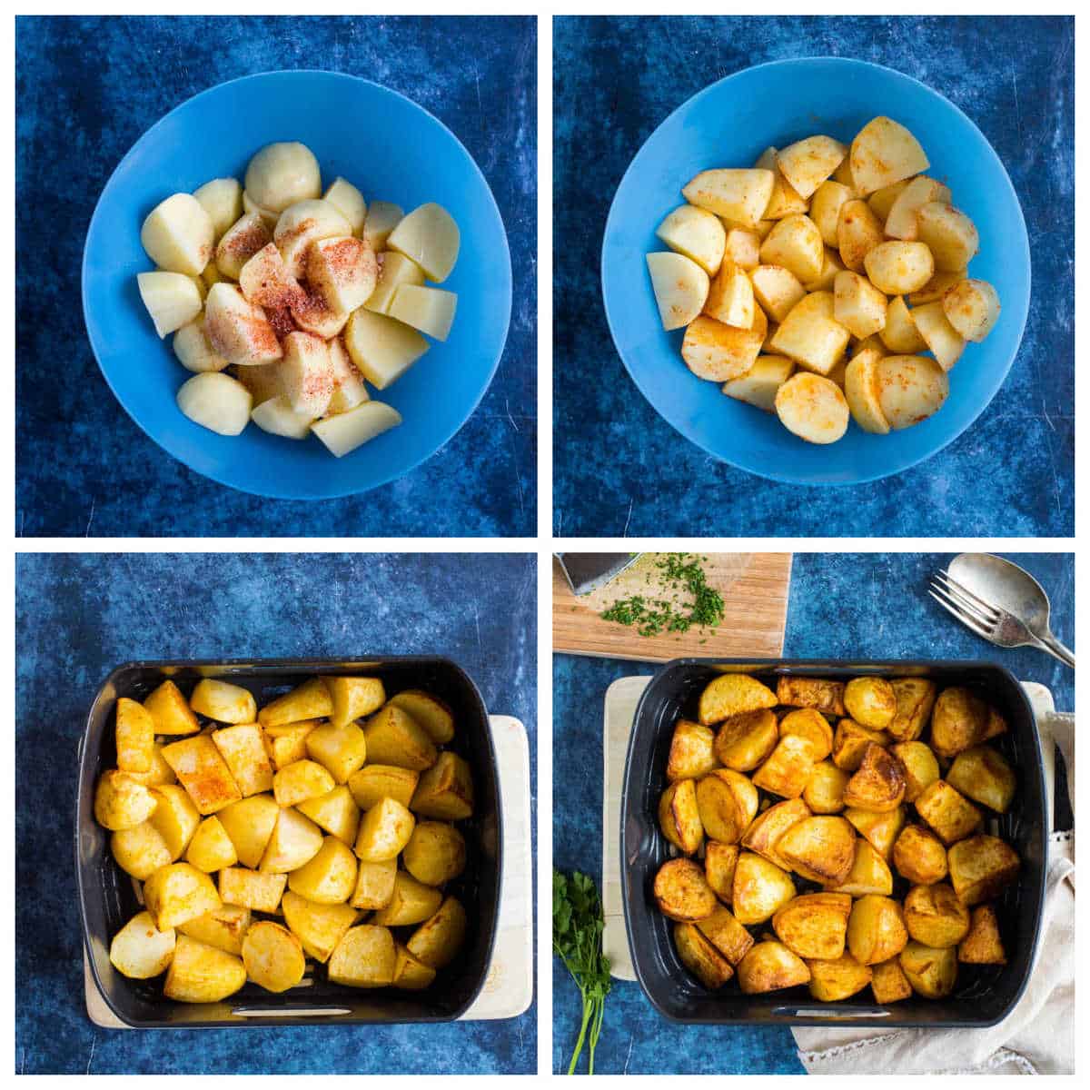 Step by step photo instructions to making air fryer roast potatoes part 2.