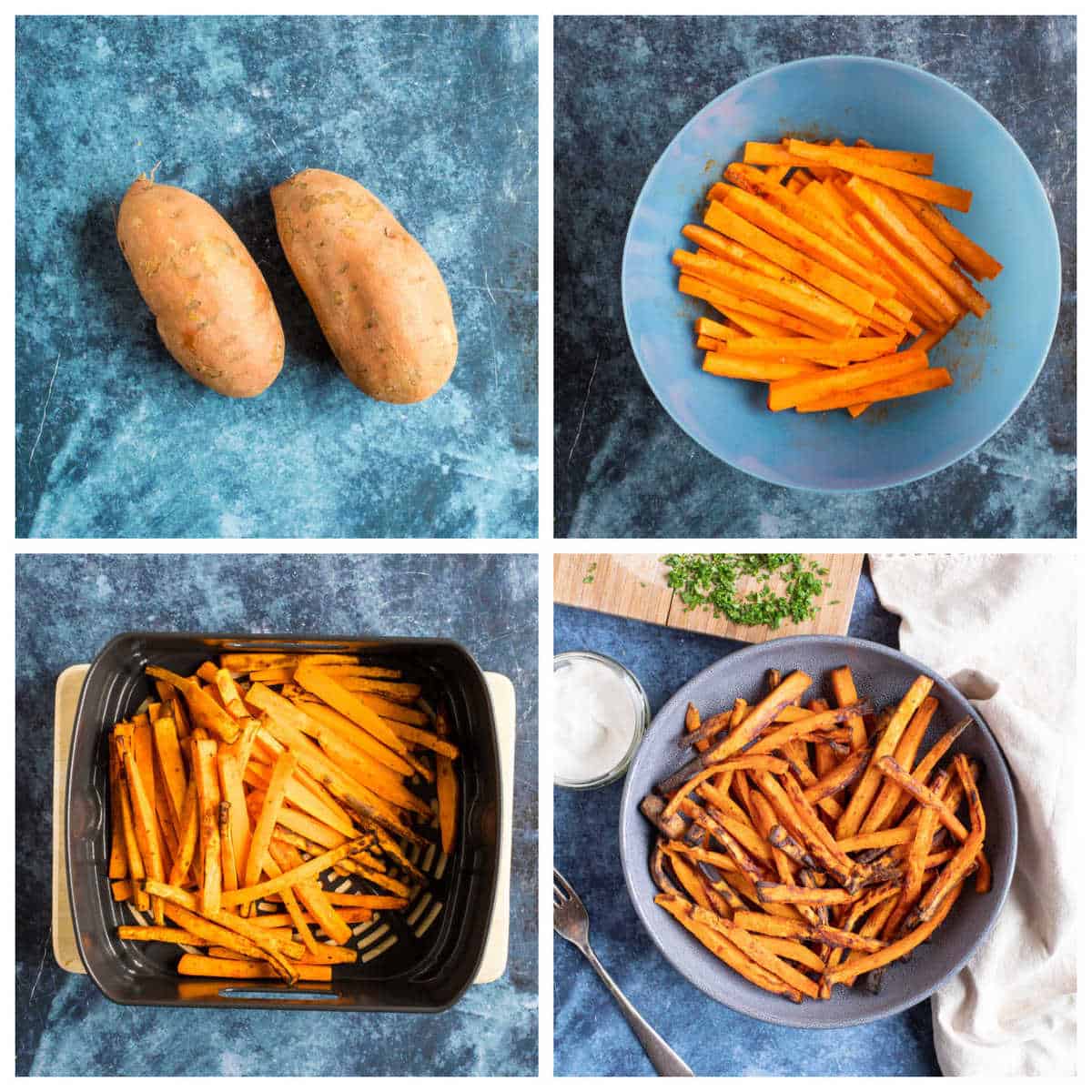 Step by step photo instruction collage for making air fryer sweet potato fries.