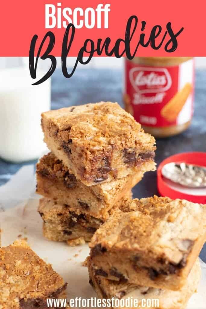 Biscoff blondies pin image with text overlay.