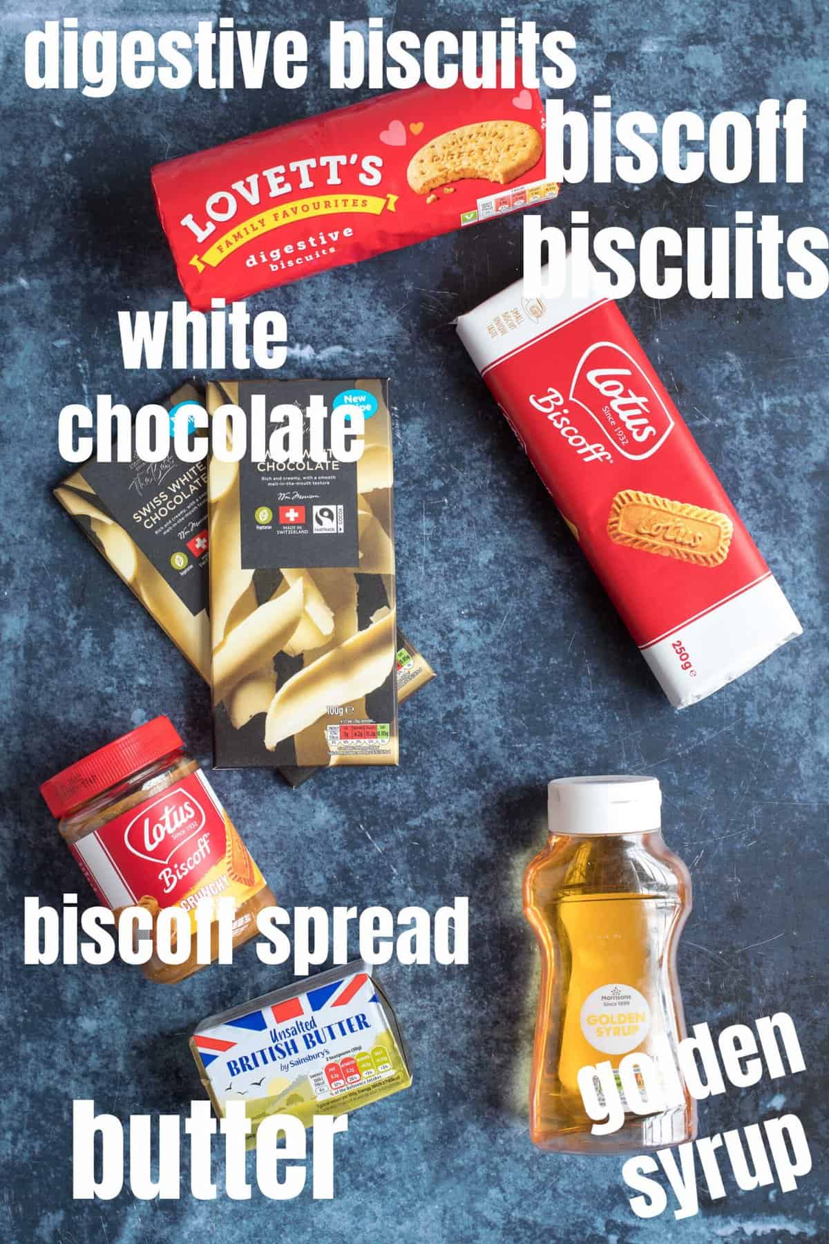 Ingredients for no-bake Biscoff tiffin.