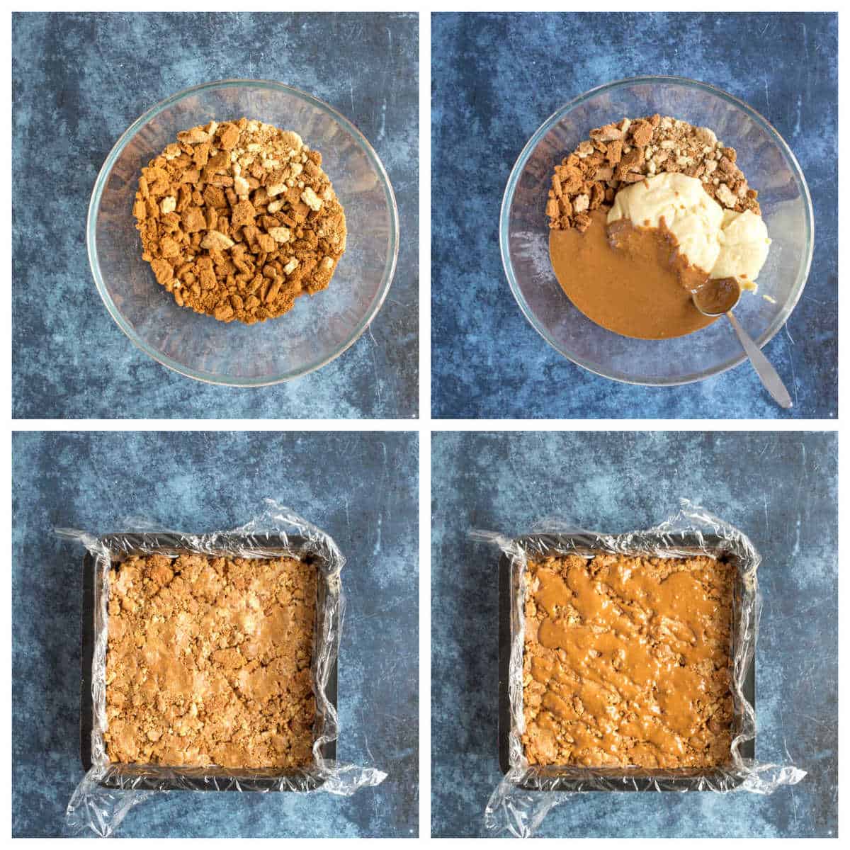 Step by step photo instructions for making biscoff fridge cake