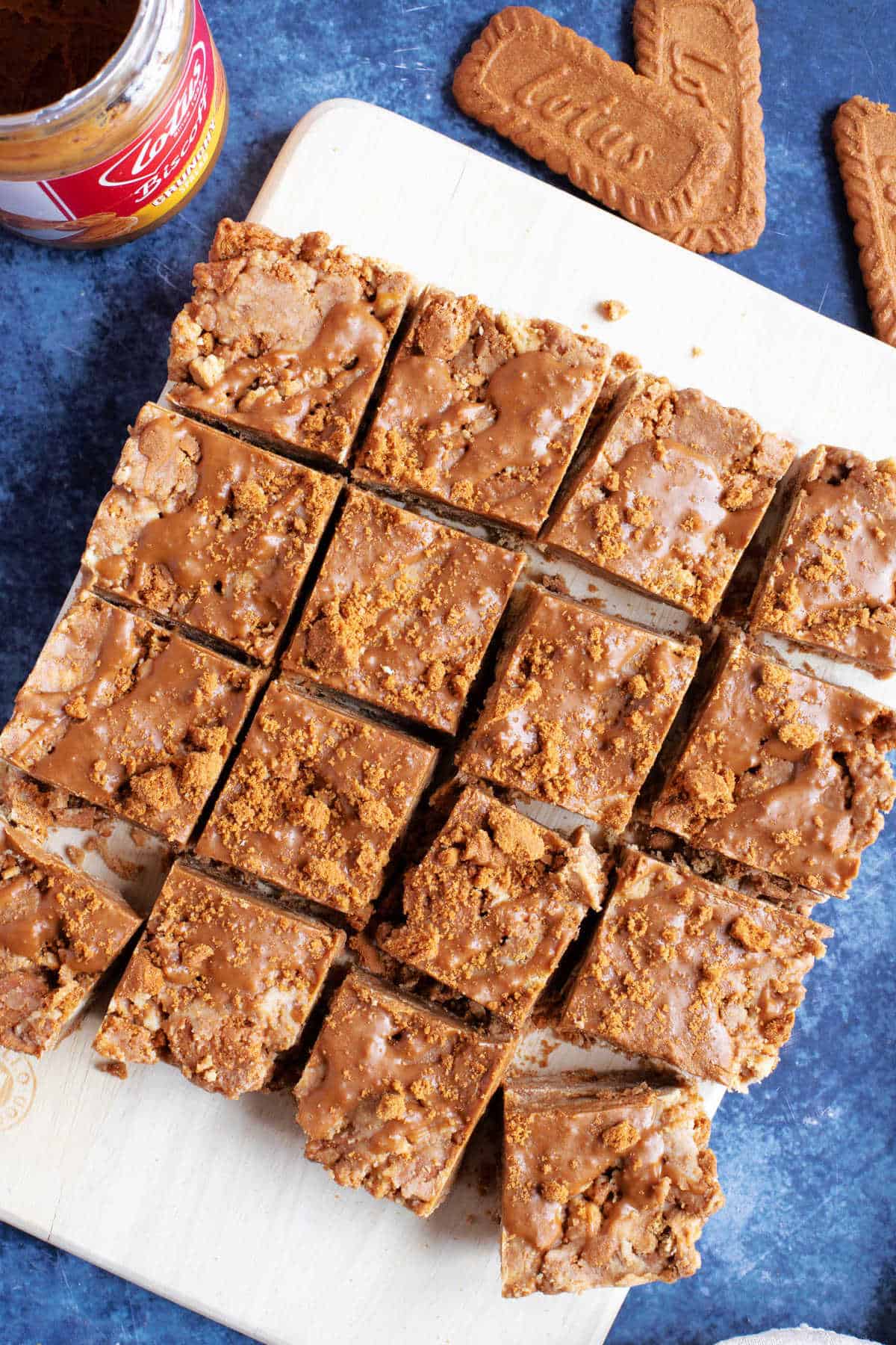 No bake Biscoff tiffin squares on a board.