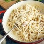 A pan of pasta in a creamy Boursin sauce.