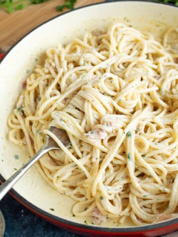 A pan of pasta in a creamy Boursin sauce.