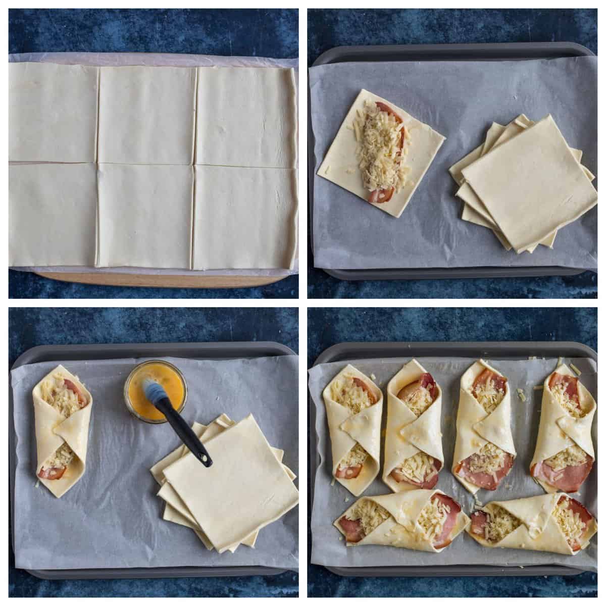 Step by step photo instructions for making the cheese and bacon turnovers.