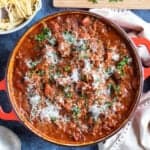 Chorizo bolognese with herbs and spaghetti