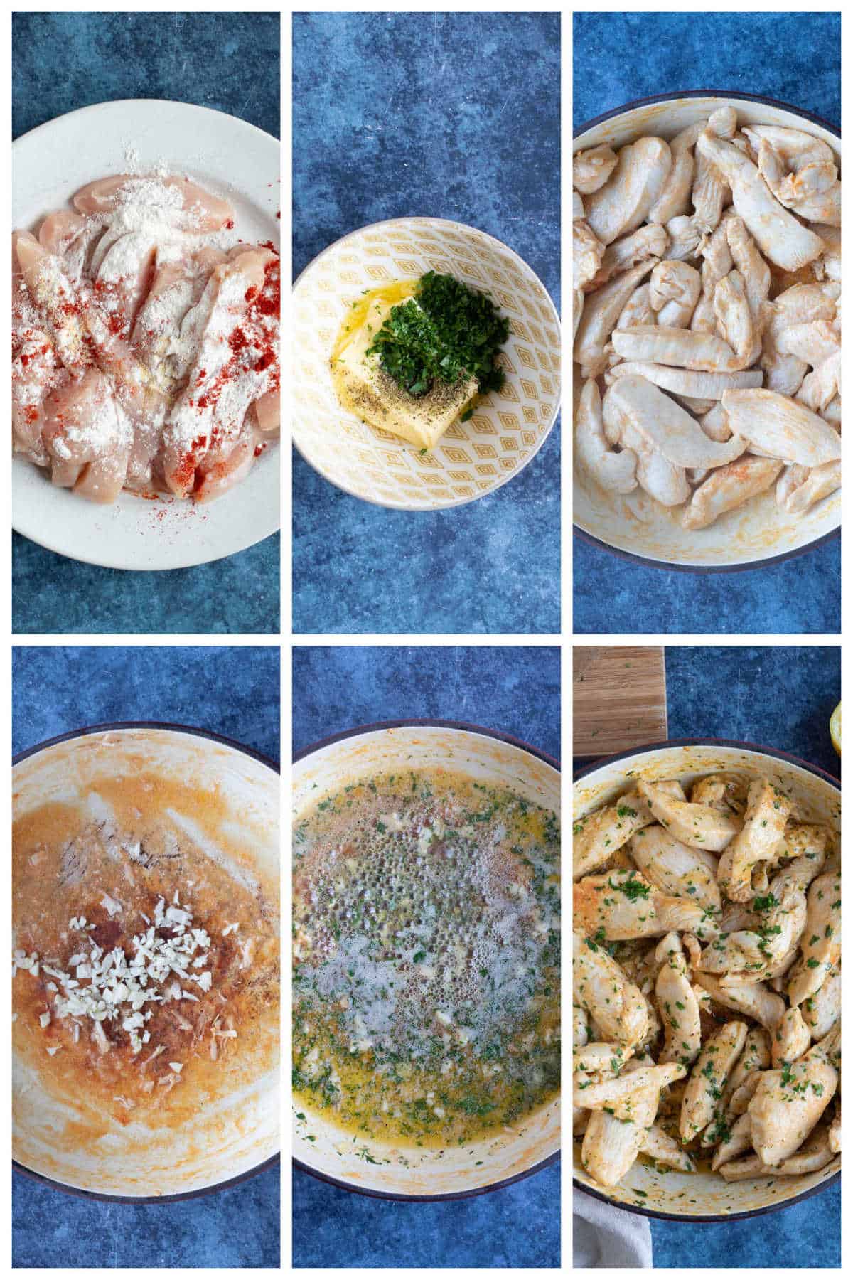 Step by step photo instruction collage for making garlic butter chicken.