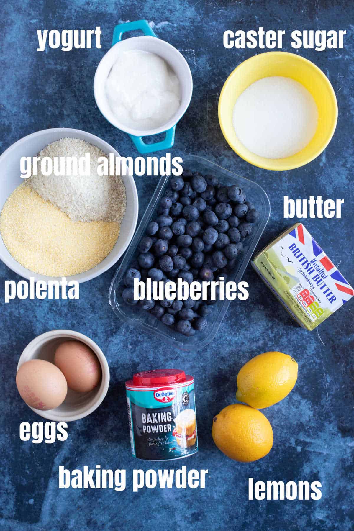 Ingredients for making the lemon polenta cake.