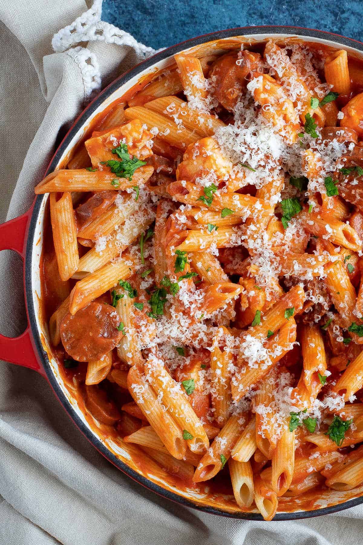 halloumi chorizo pasta in a pan.