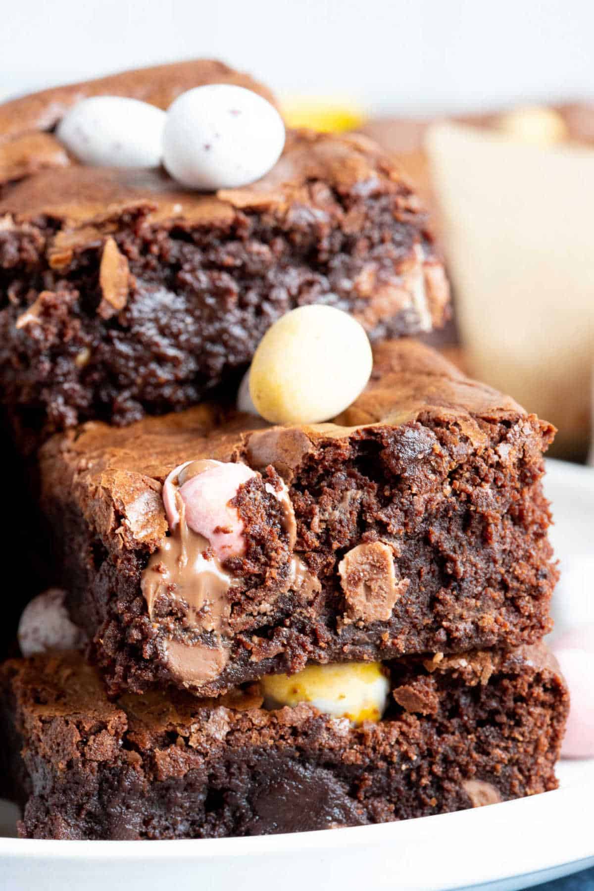 A stack of Cadbury mini egg brownies.