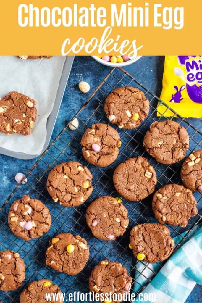 Chocolate mini egg cookies pin image with text overlay.