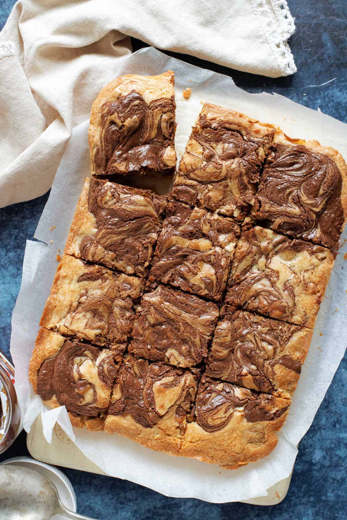 Nutella blondies cut into bars.