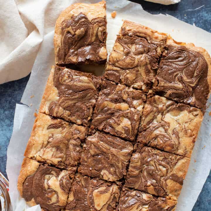 Nutella blondies cut into squares.