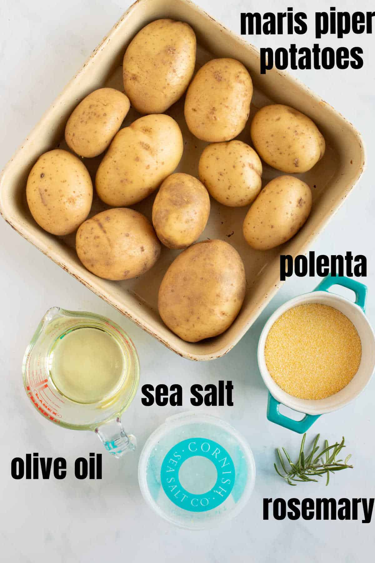 Ingredients needed for the crispy polenta roast potatoes.
