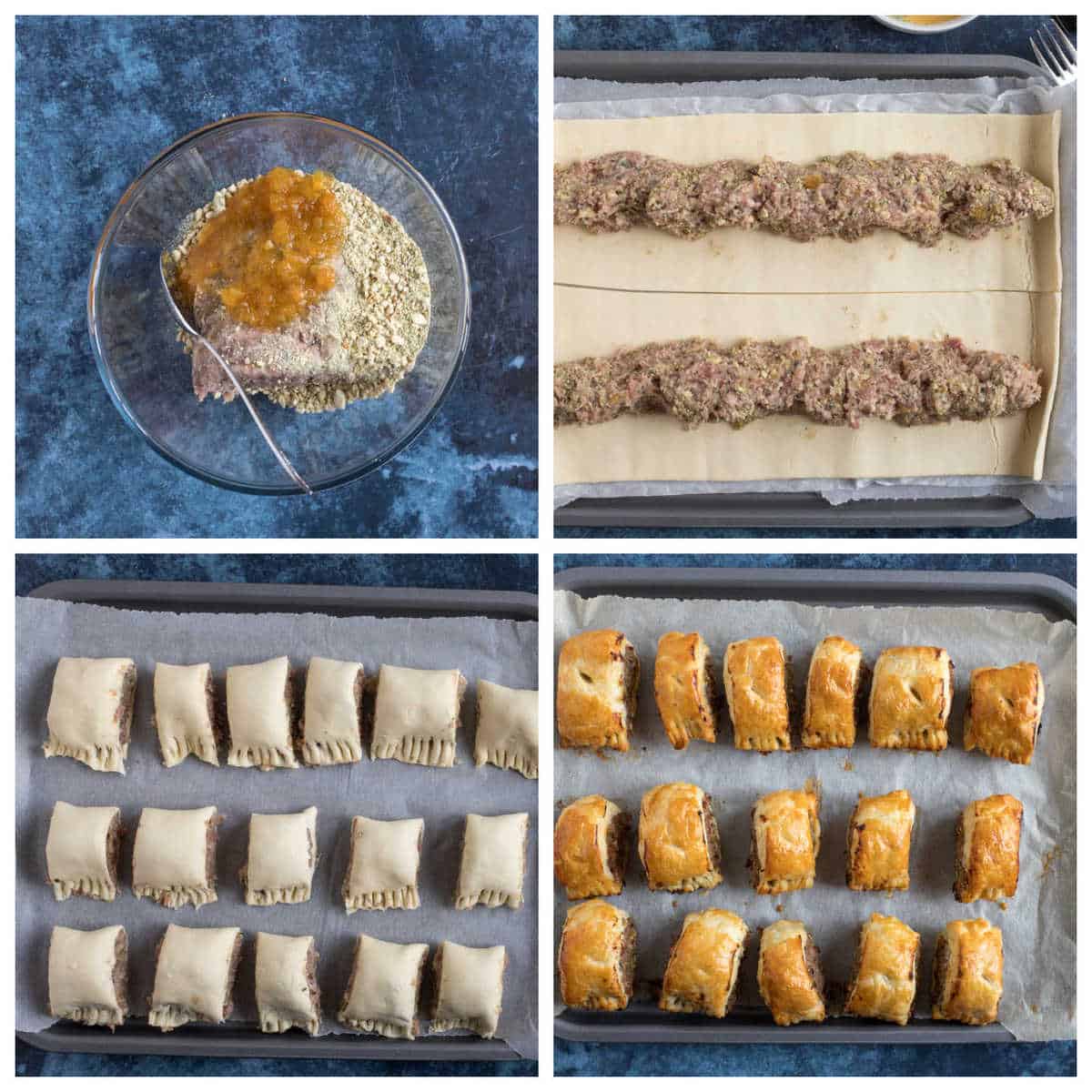 Step by step photo instructions for making puff pastry sausage rolls.