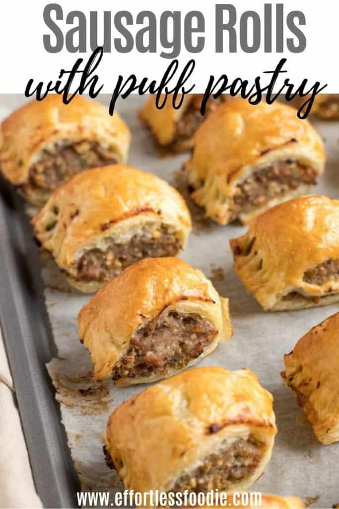 Puff pastry sausage rolls pin image with text overlay.