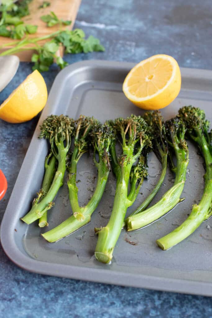 Tenderstem broccoli on a baking tray