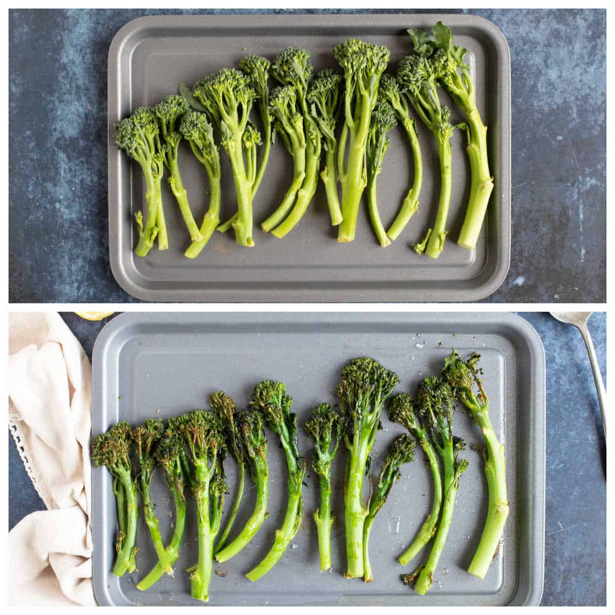 Step by step photo for making roasted tenderstem broccoli.