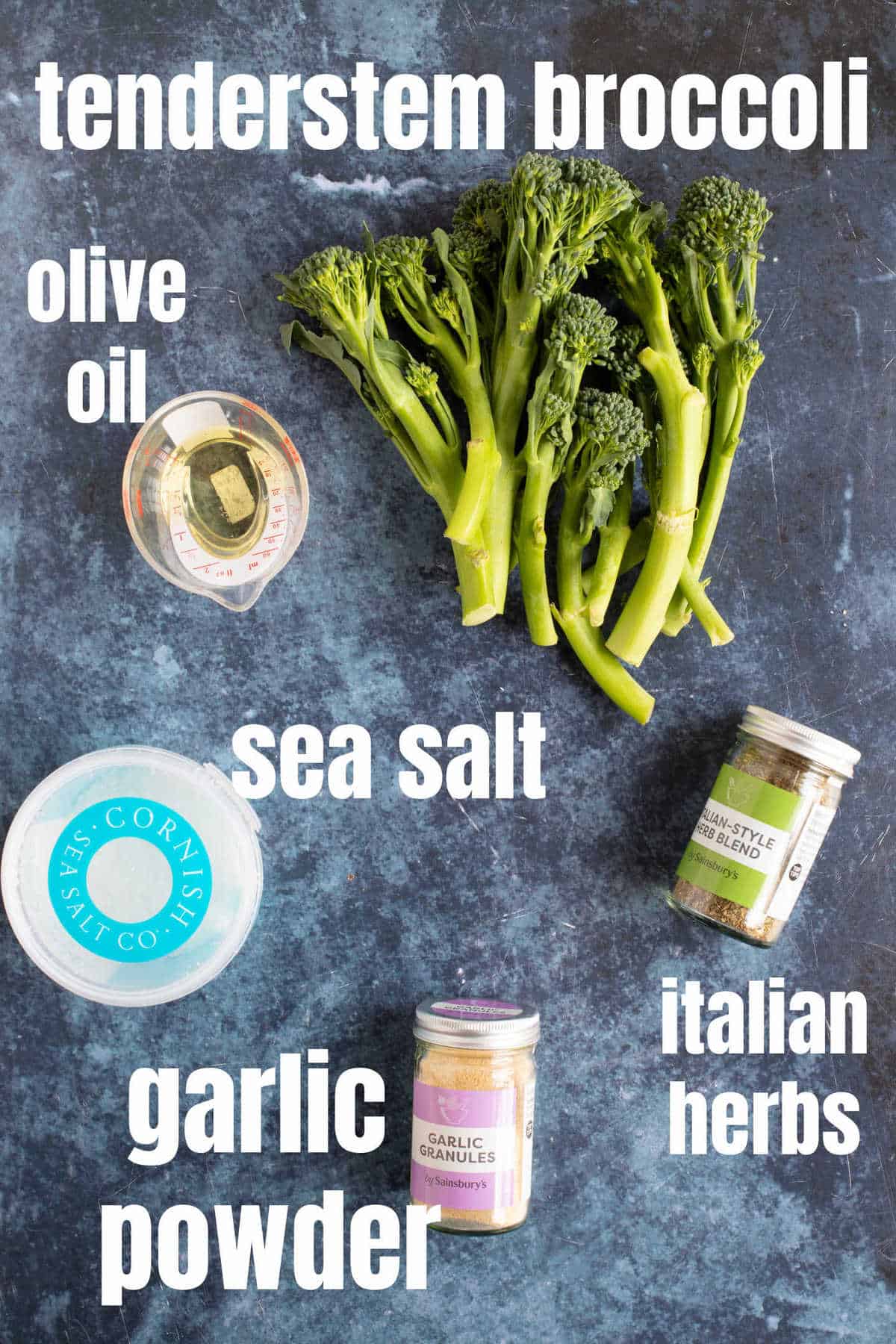 Ingredients needed for roasted tenderstem broccoli.