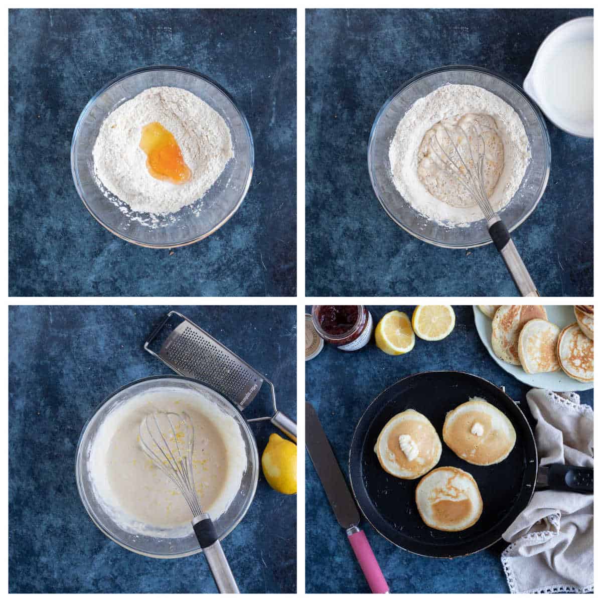 Step by step photo instructions for making scotch pancakes (drop scones).