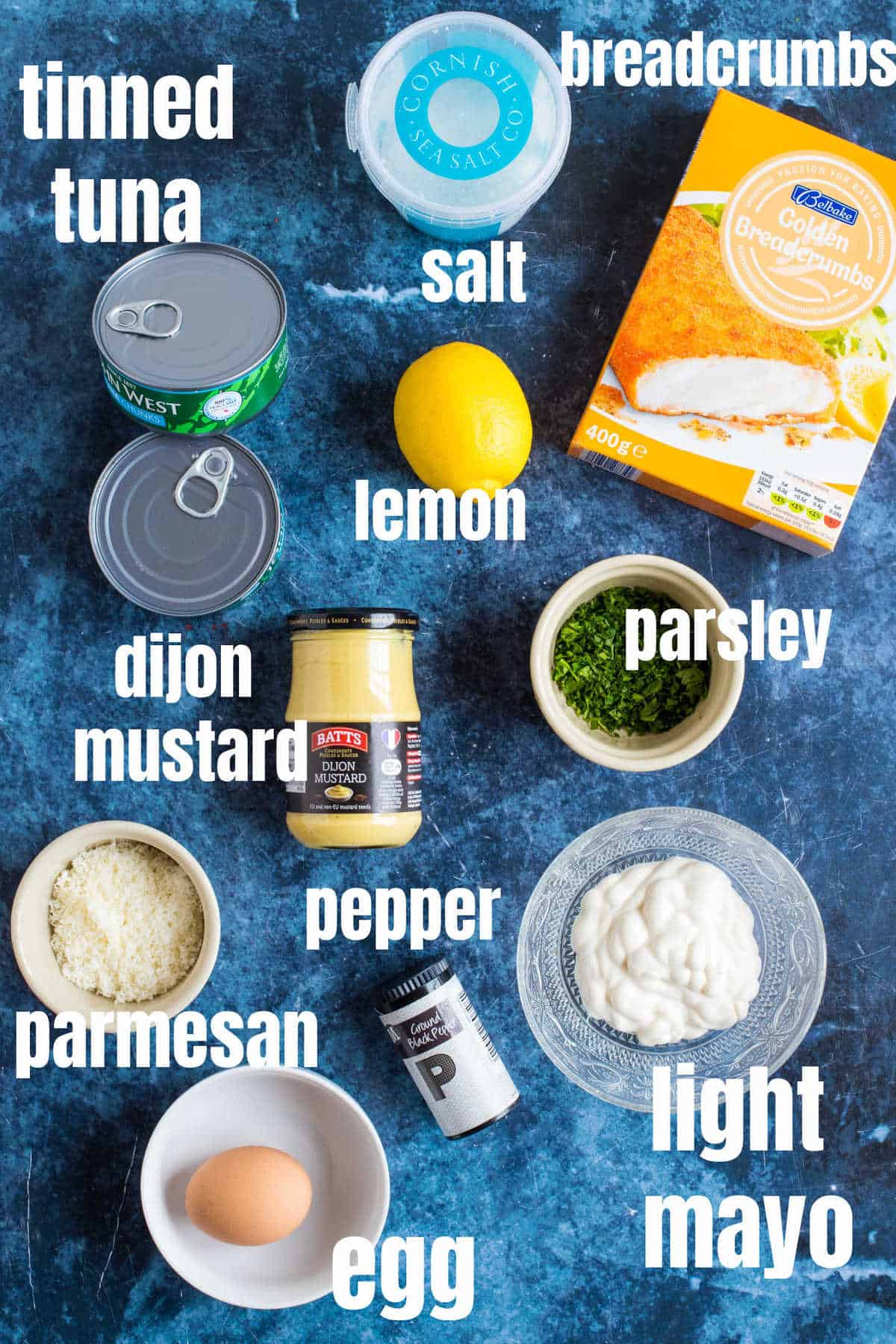 Ingredients needed to make the tinned tuna burgers.