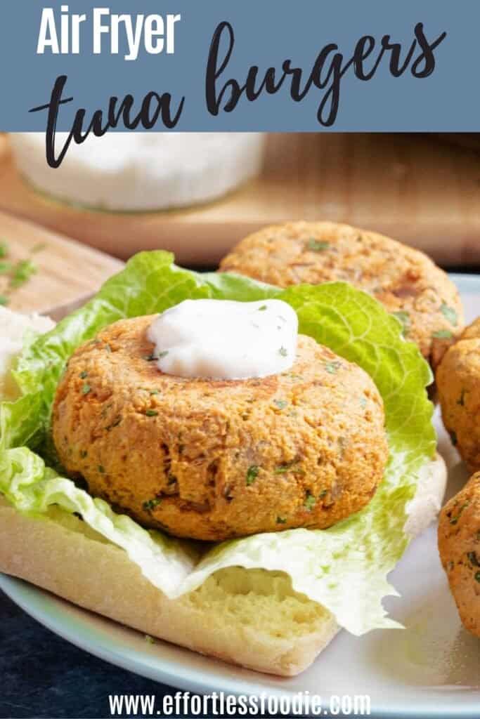 Tuna burgers Pinterest pin image with text overlay.