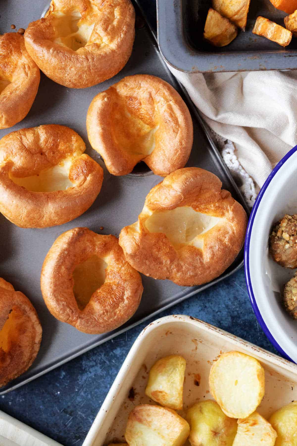 Yorkshire puddings, stuffing balls and potatoes.