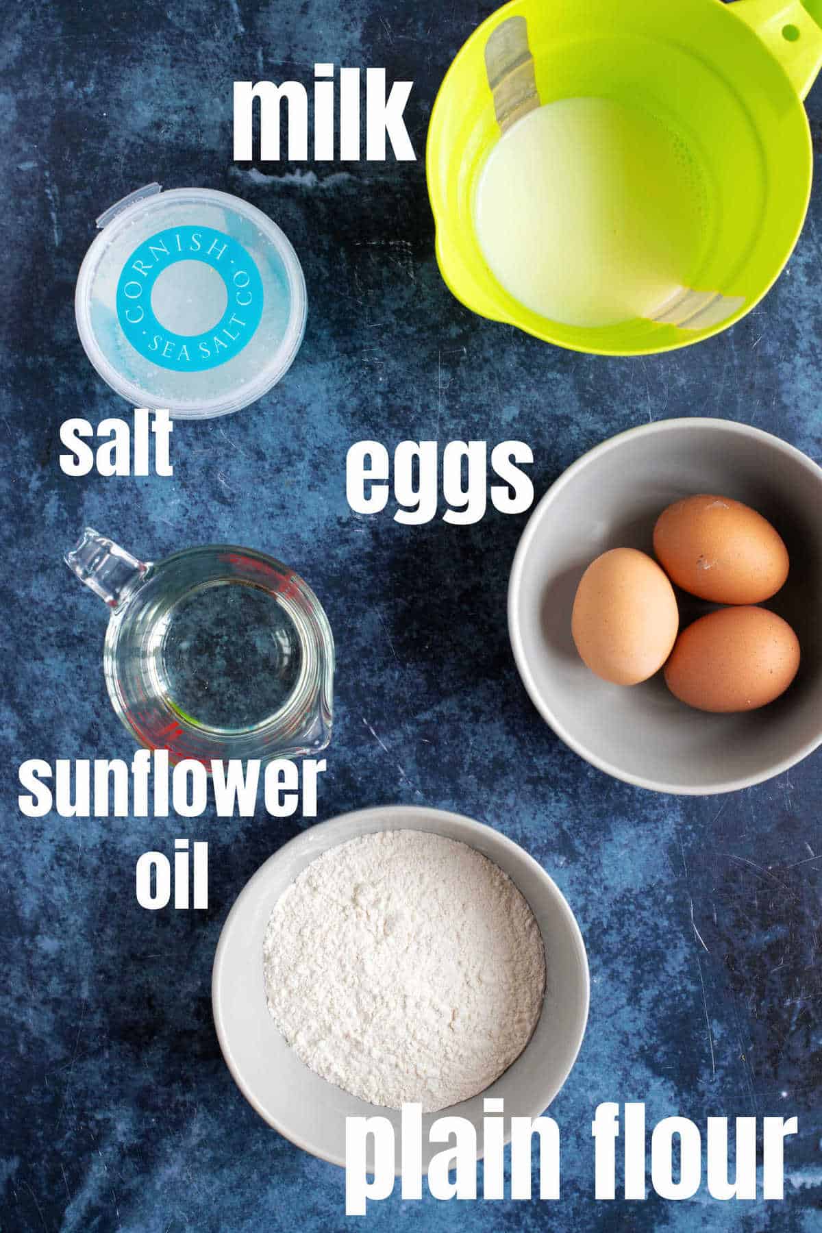 Ingredients needed for Yorkshire puddings.